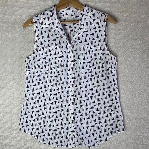 Talbots Sleeveless Button Down‎ Blouse Sailboat Print Size Small